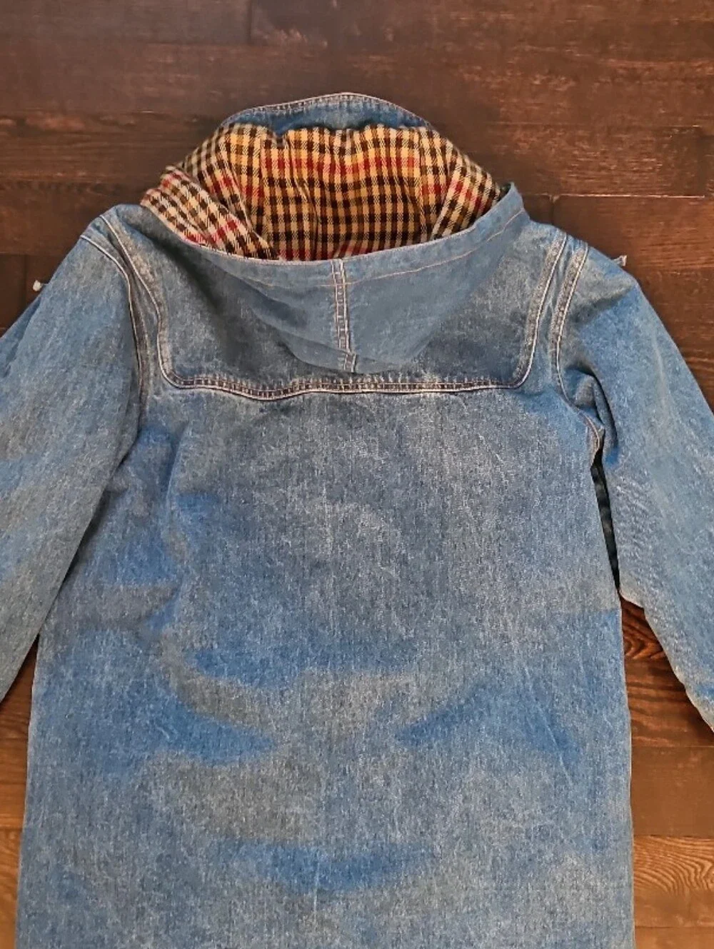 Vintage 90s Denim Duffle Coat Hooded Toggle Jacket Plaid Lined [Forenza]